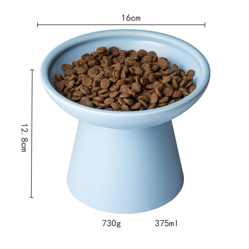 Ceramic elevated cat food and water bowl set in blue, showing wide shallow dish and raised base.