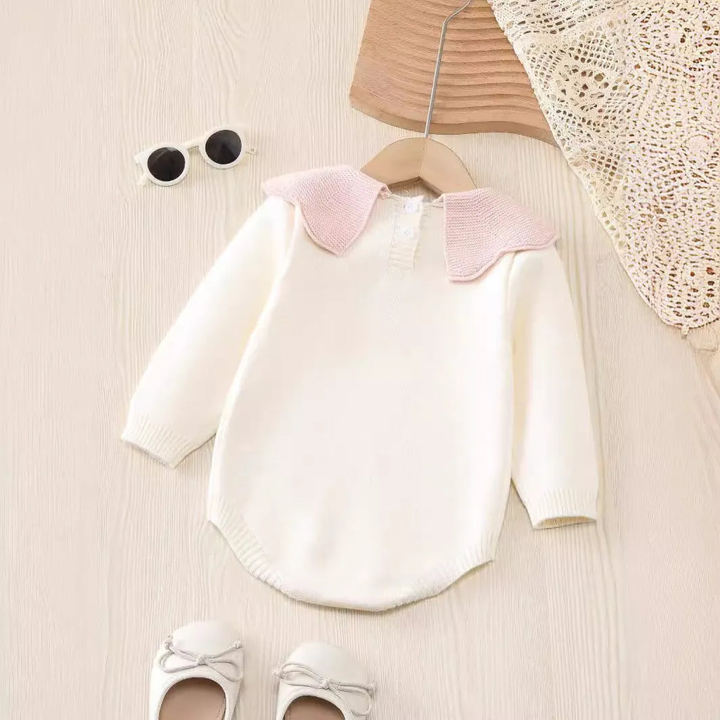Beige knitted long sleeve triangle jumpsuit romper for baby girls, pullover style, suitable for heights 73-110cm