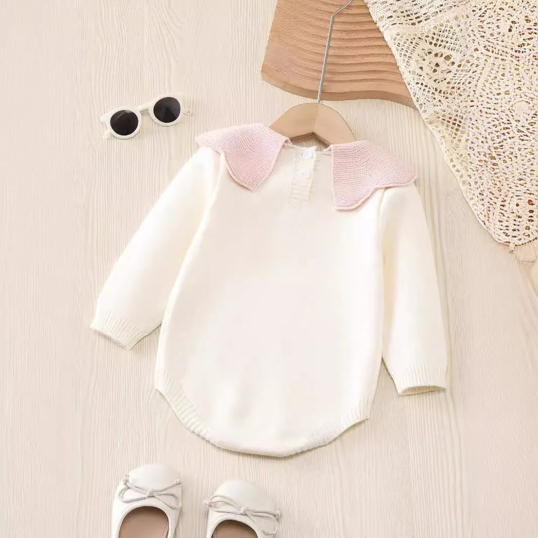 Beige knitted long sleeve triangle jumpsuit romper for baby girls, pullover style, suitable for heights 73-110cm