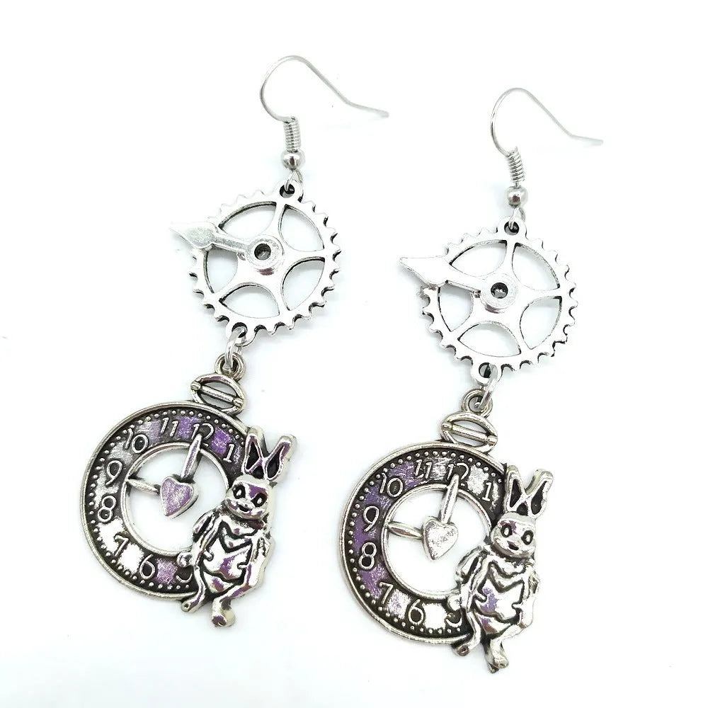 Alloy steampunk rabbit clock gear pointer earrings for women in antique silver