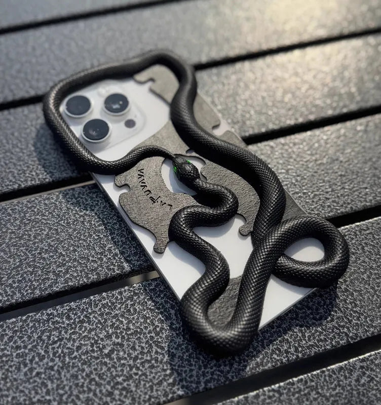 Tailed snake hollowed-out decorative phone case in black stone pattern for iPhone