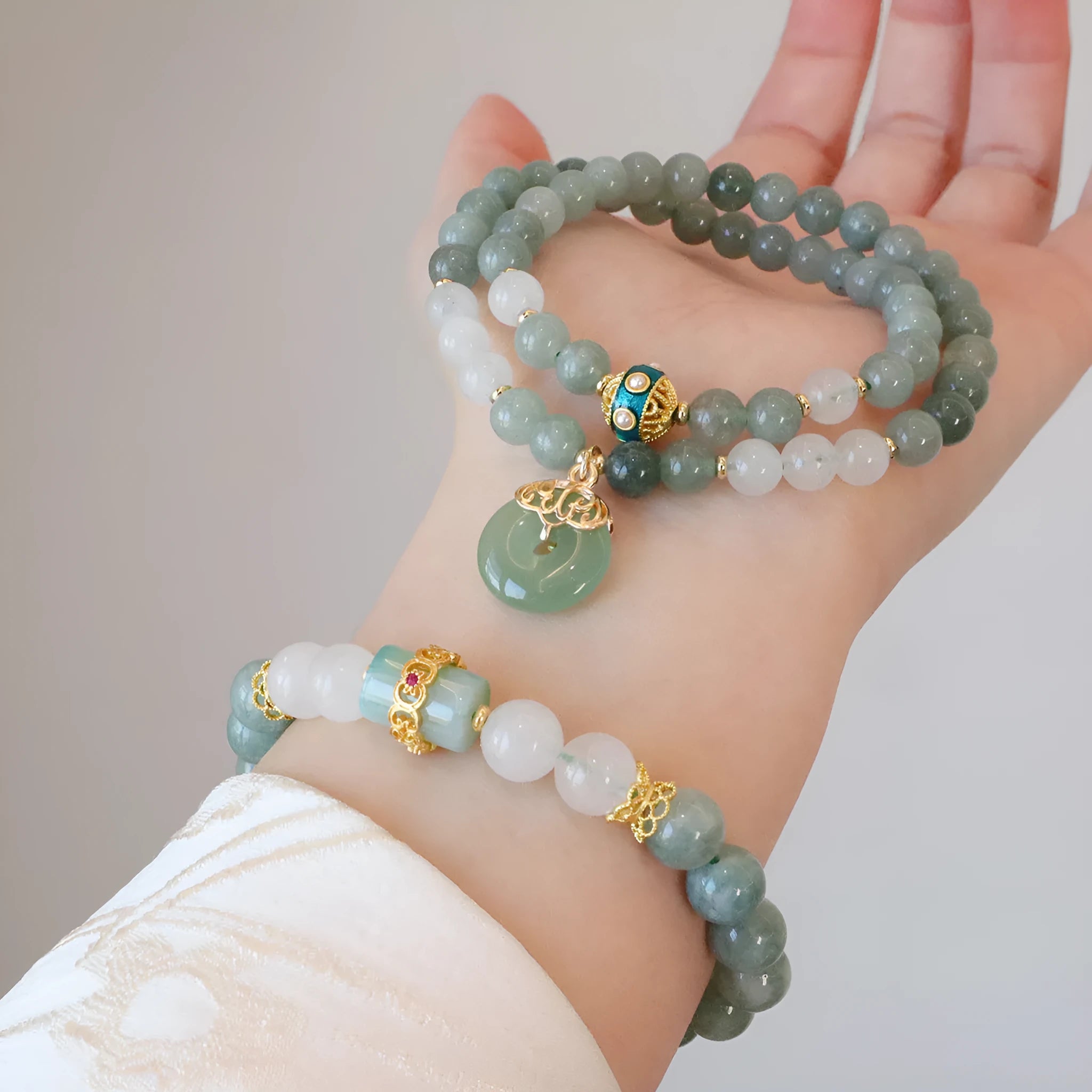 New Chinese style jade bracelet with safety buckle pendant, geometric peace buckle, and lucky bead