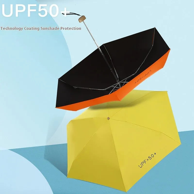 Five-fold compact sun umbrella showing folded size and available colour options including black, yellow, green, pink, purple, and blue