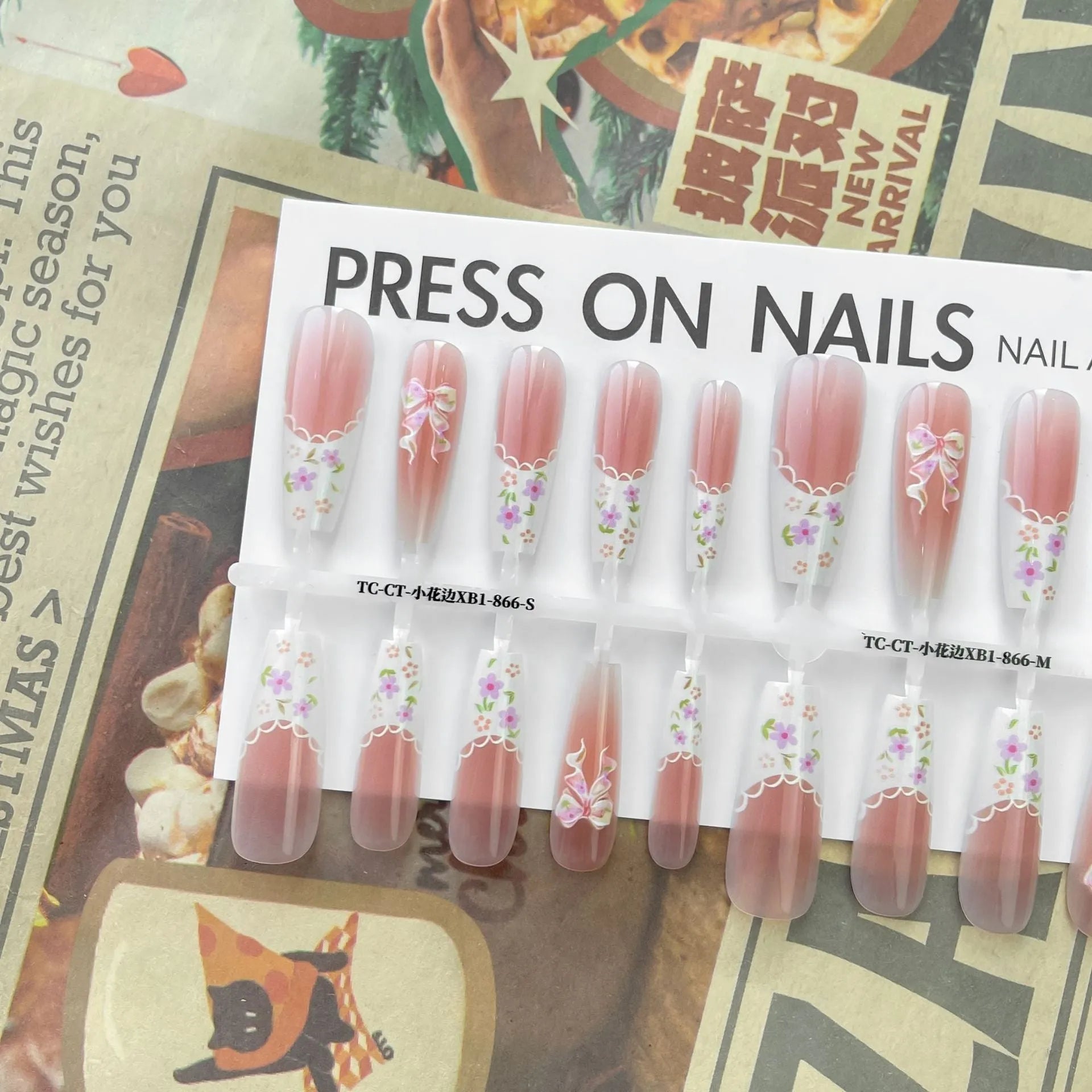 Small floral prefabricated nail tip set with long ladder shape and white velvet seal layer, 40 pieces