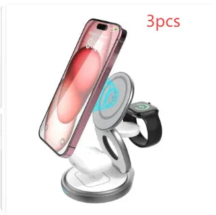 White three-in-one magnetic wireless charger with an iPhone, Apple Watch, and AirPods placed on it for simultaneous fast charging