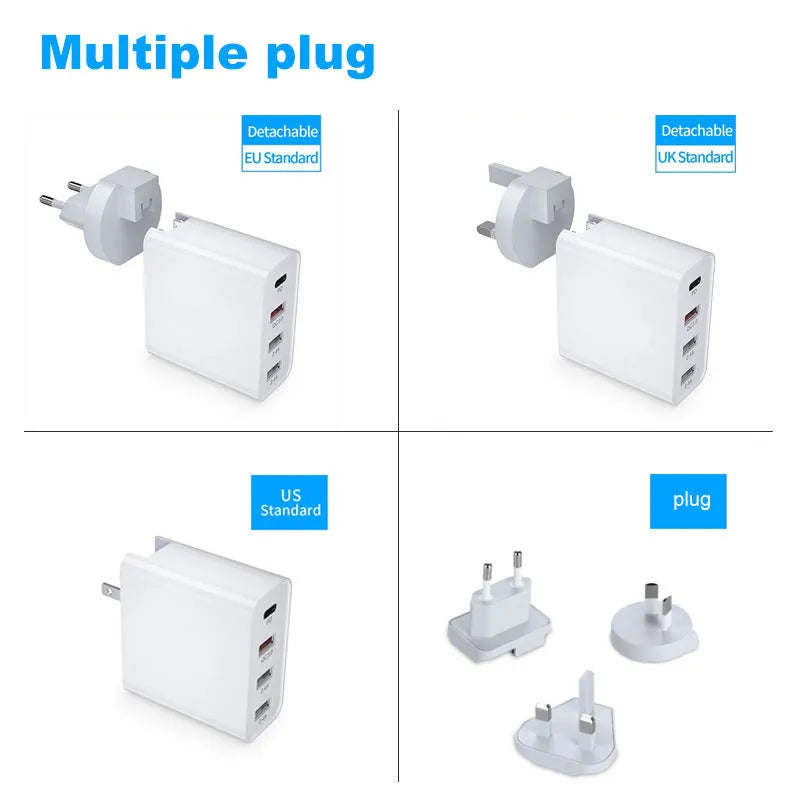 White fast charger with multiple USB ports and a UK plug on a wooden table.