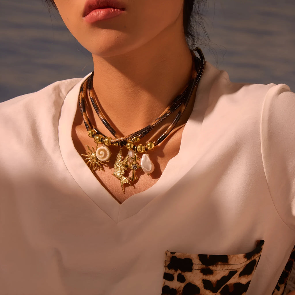 Geometric leopard leather pendant on stainless steel necklace with adjustable 41-50cm chain