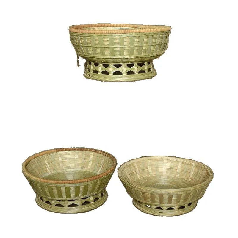 Handmade woven bamboo storage basket showing traditional craftsmanship and three size variations
