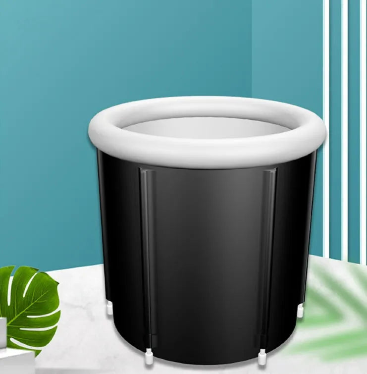 Black inflatable PVC portable ice bath tub with insulation and a fitted weather lid.