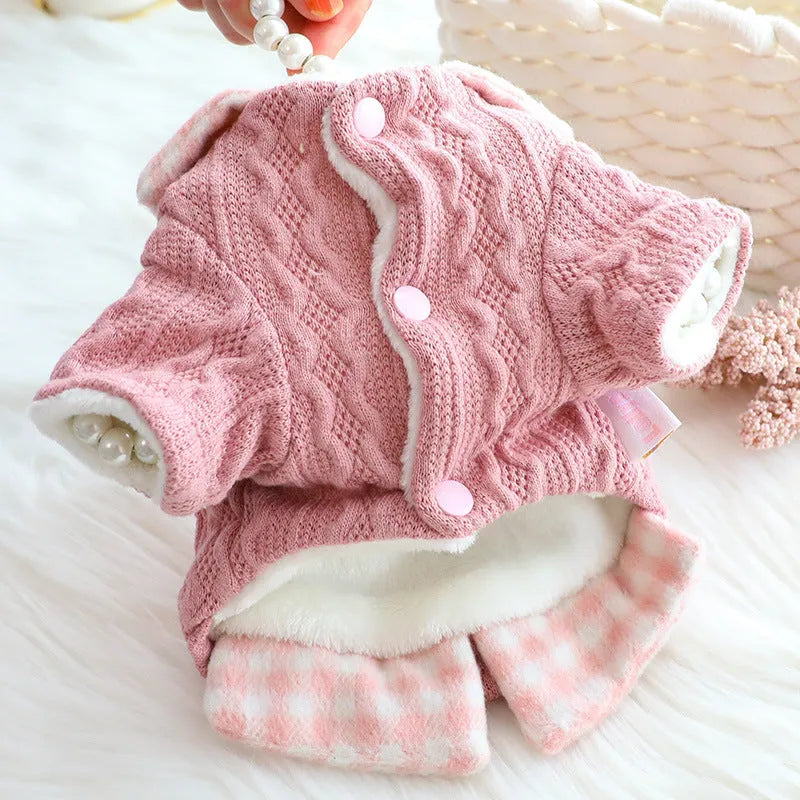 Blue and pink plaid dog sweater with fleece lining and fake two-piece design in sizes XS to XL