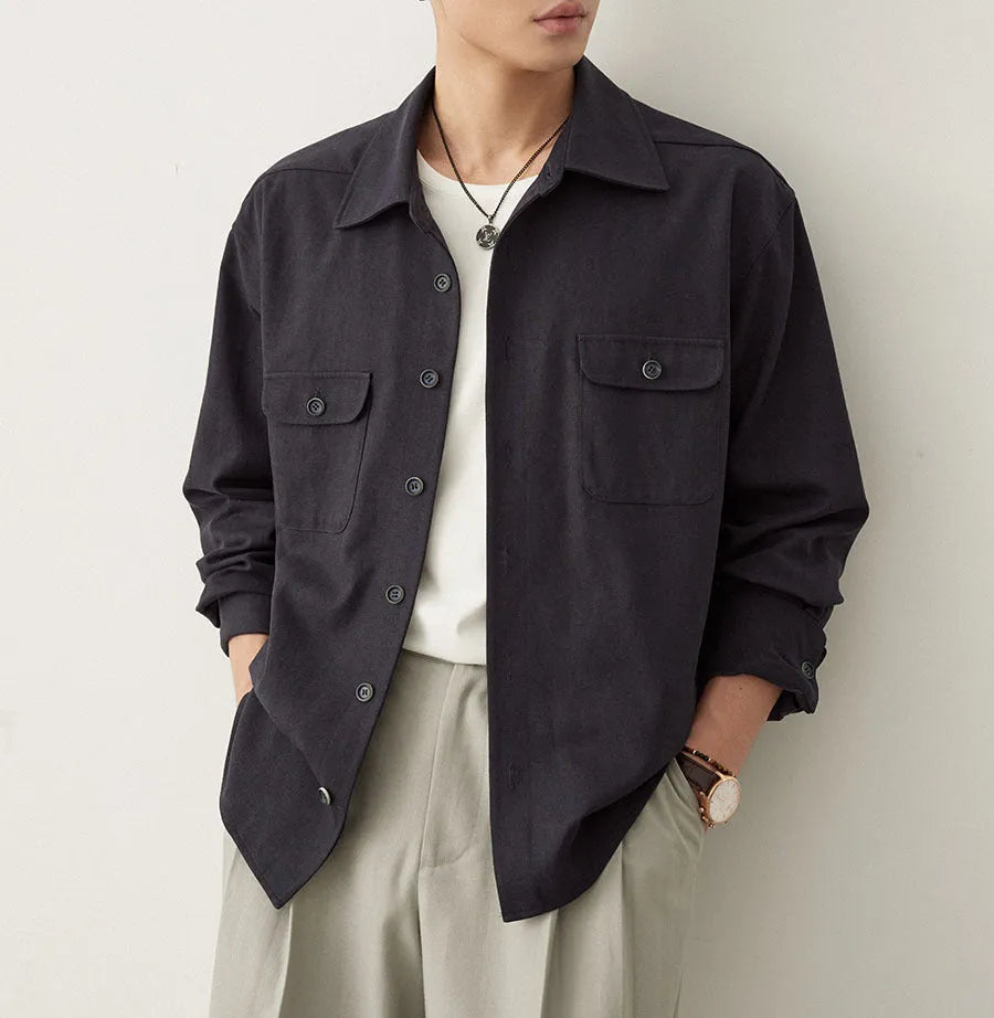 Men's light sand rice long sleeve casual shirt with a lapel collar, laid flat.