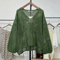 Loose polyester mesh top with 3/4 princess sleeves in green, purple, brown, or apricot white