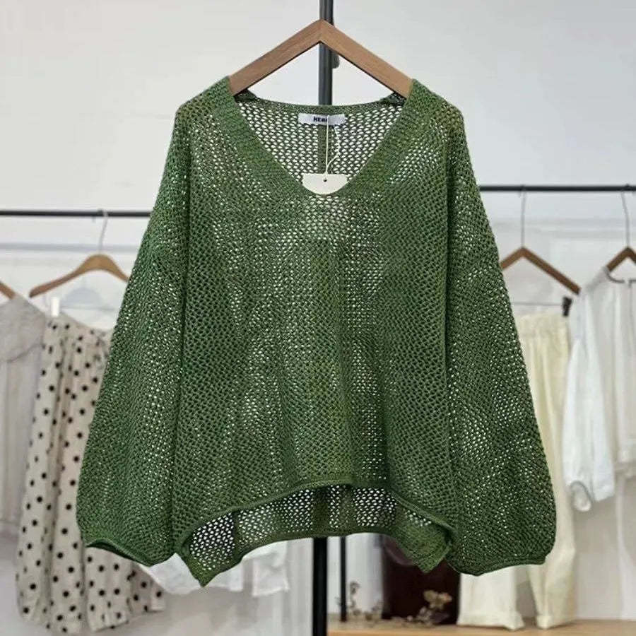 Loose polyester mesh top with 3/4 princess sleeves in green, purple, brown, or apricot white