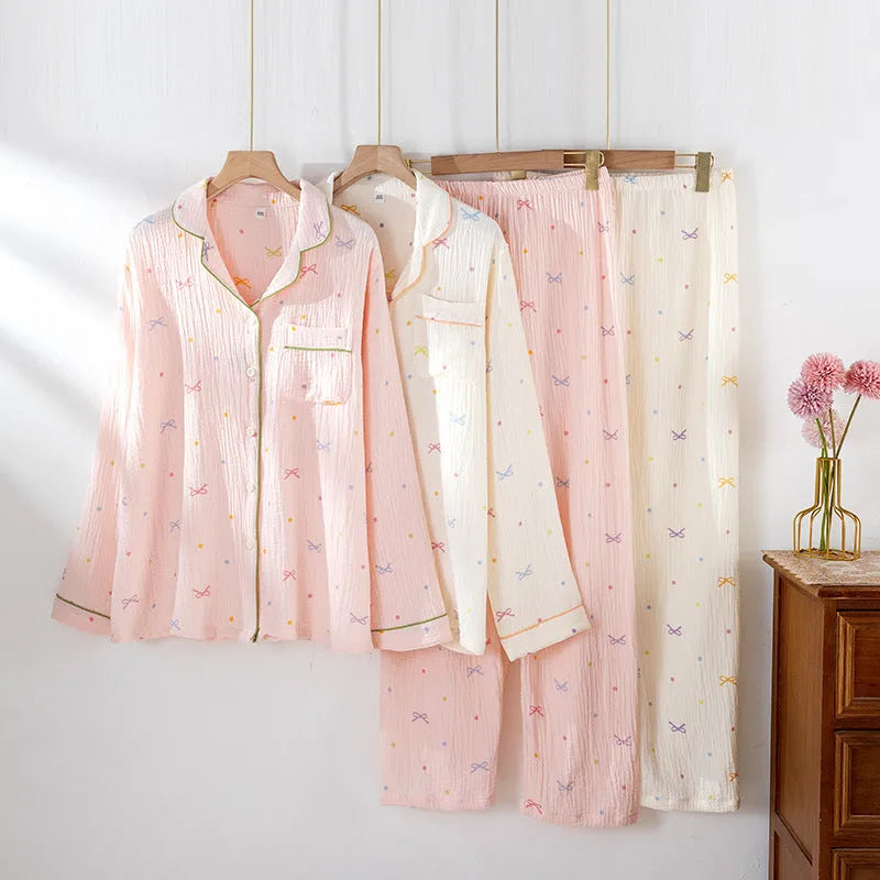 Women's cotton pajama set in pink or beige with long sleeves and trousers