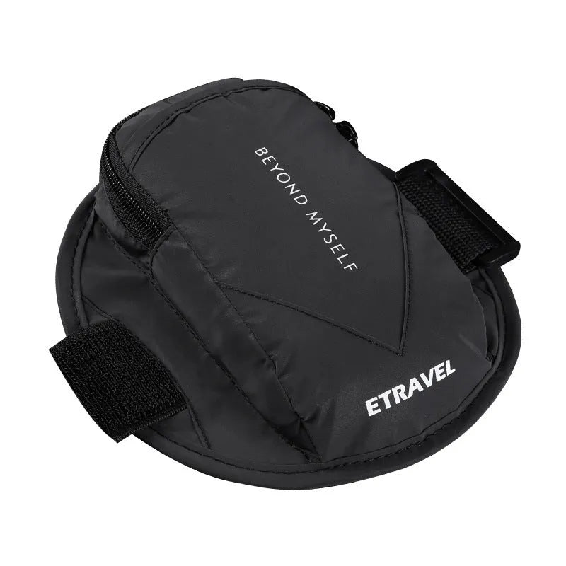 Black reflective running arm bag with adjustable strap, holding a mobile phone, shown on a runner's arm.