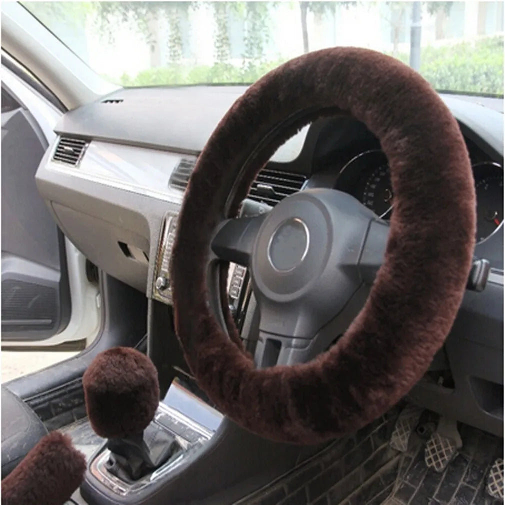 Plush car steering wheel cover set with matching gear shift and handbrake covers in multiple colour options