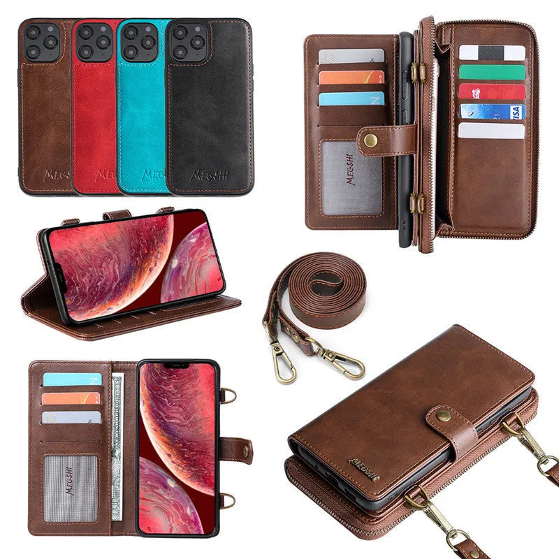 Black leather flip phone case with a detachable wallet backpack, shown open next to a smartphone.