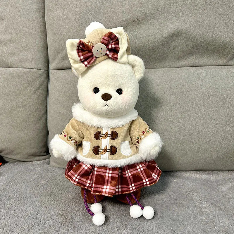 30cm Momo bear plush doll wearing a red plaid dress Christmas costume set with cloak
