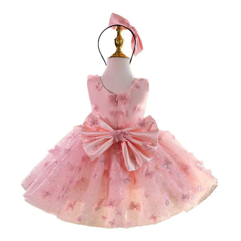 Pink children's little princess dress with polyester fibre fabric, suitable for heights 80-150cm, flower girl style
