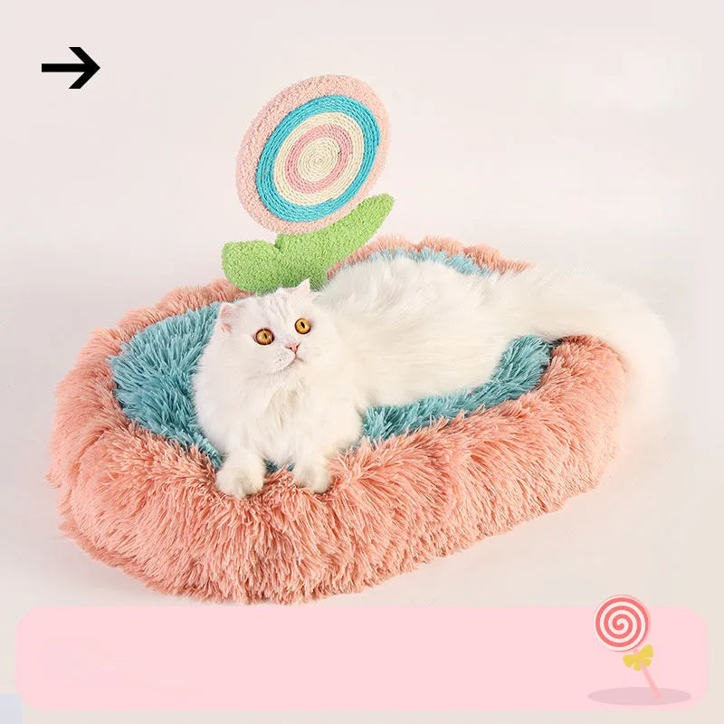 Pink elliptical plush cat bed with removable cover for winter warmth
