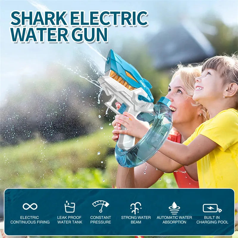 Shark electric water gun toy with automatic continuous fire mode for outdoor summer water play
