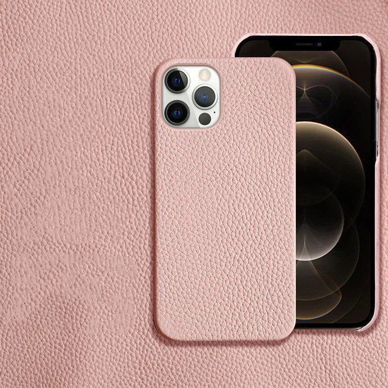 Genuine leather protective case for iPhone shown in beige colour.