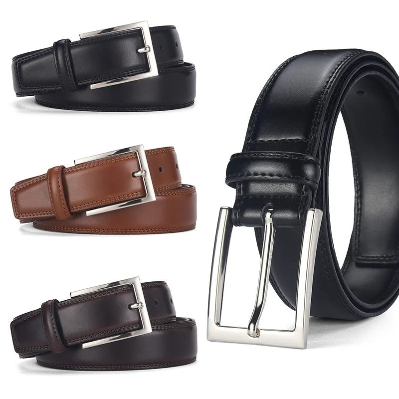 Men's genuine leather belt with an alloy pin buckle shown in a classic brown colour.