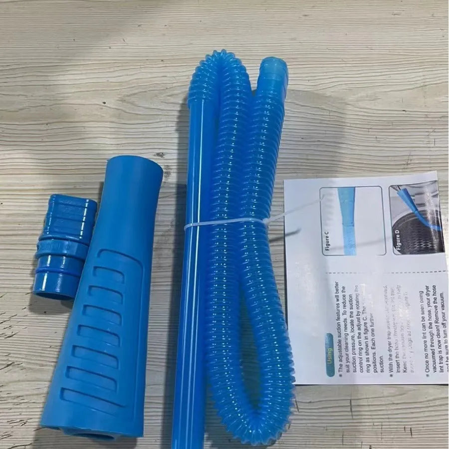 Blue suction pipe vacuum cleaner attachment with round head, 114cm length and three opposing bags for washing machine cleaning