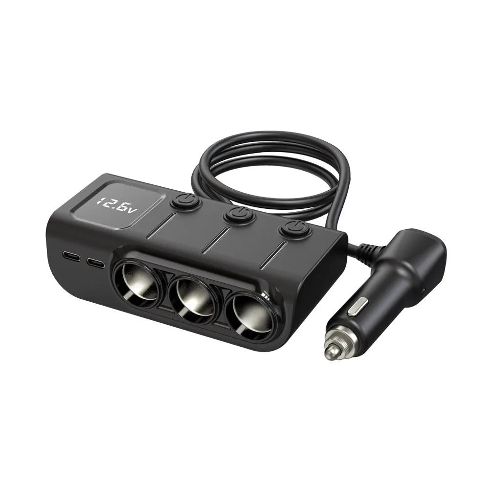 GC01 black one-to-three USB car cigarette lighter splitter with three independent ports and 12-24V input