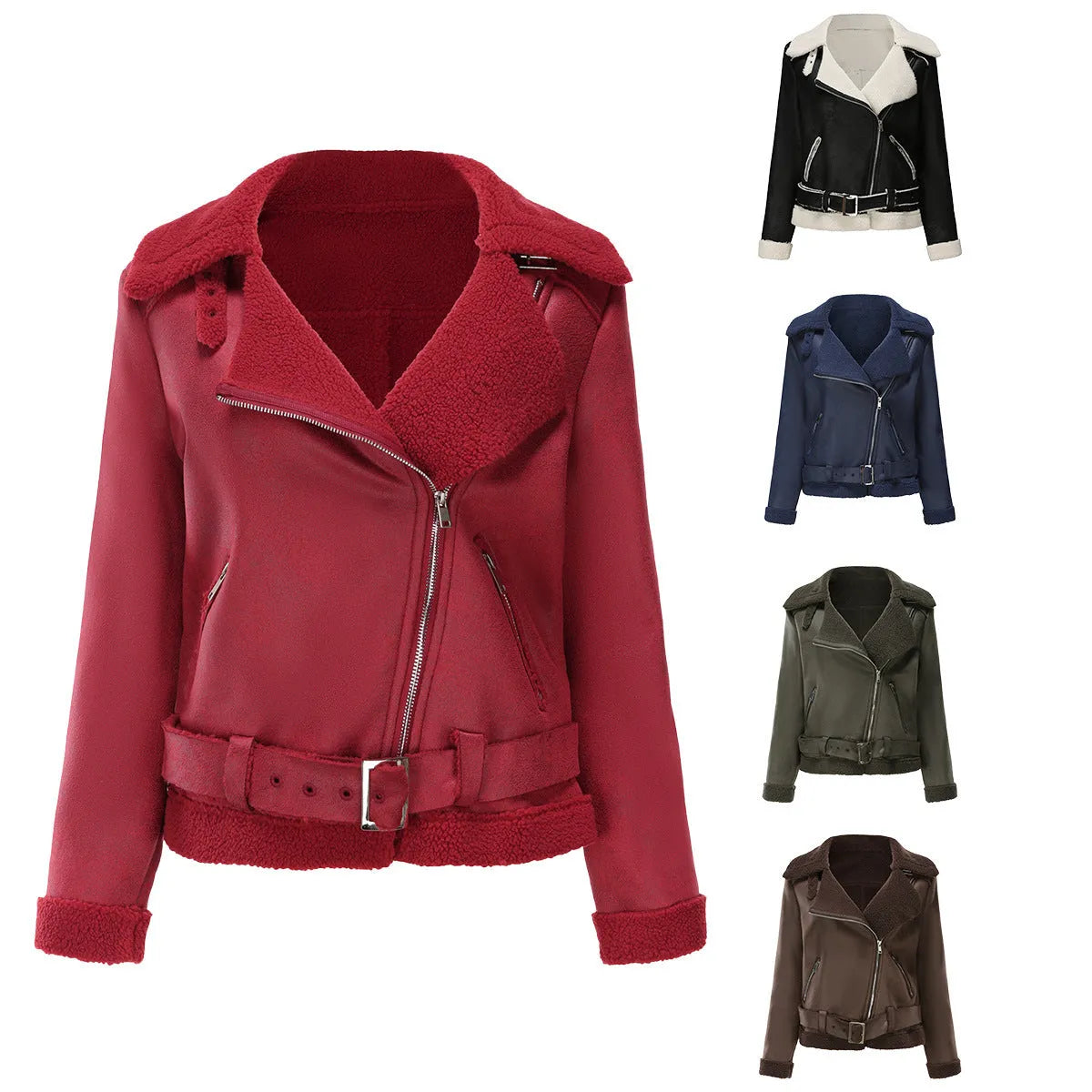 Women's belt turn-down collar long sleeve suede coat in army green with belt cinched at waist.