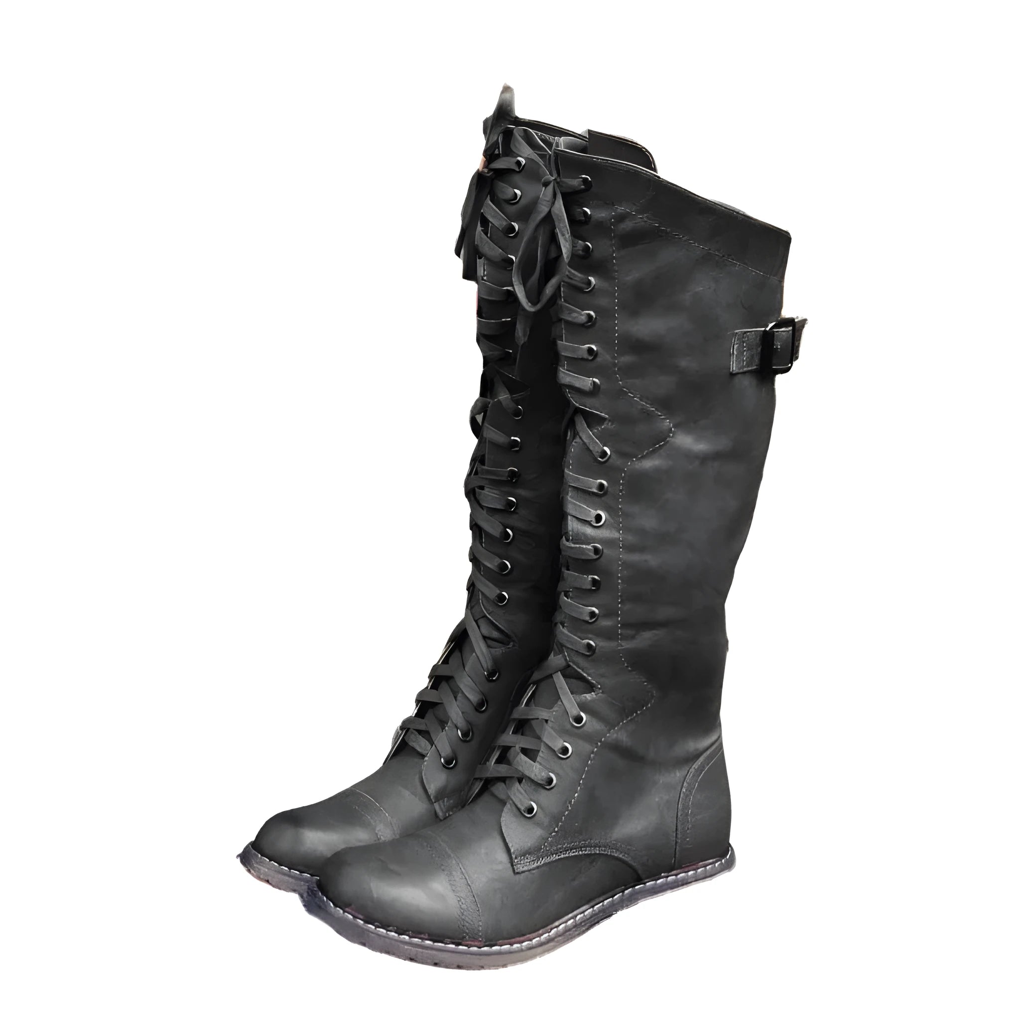 Women's black fashion boots with a cross strap design and side zip closure.