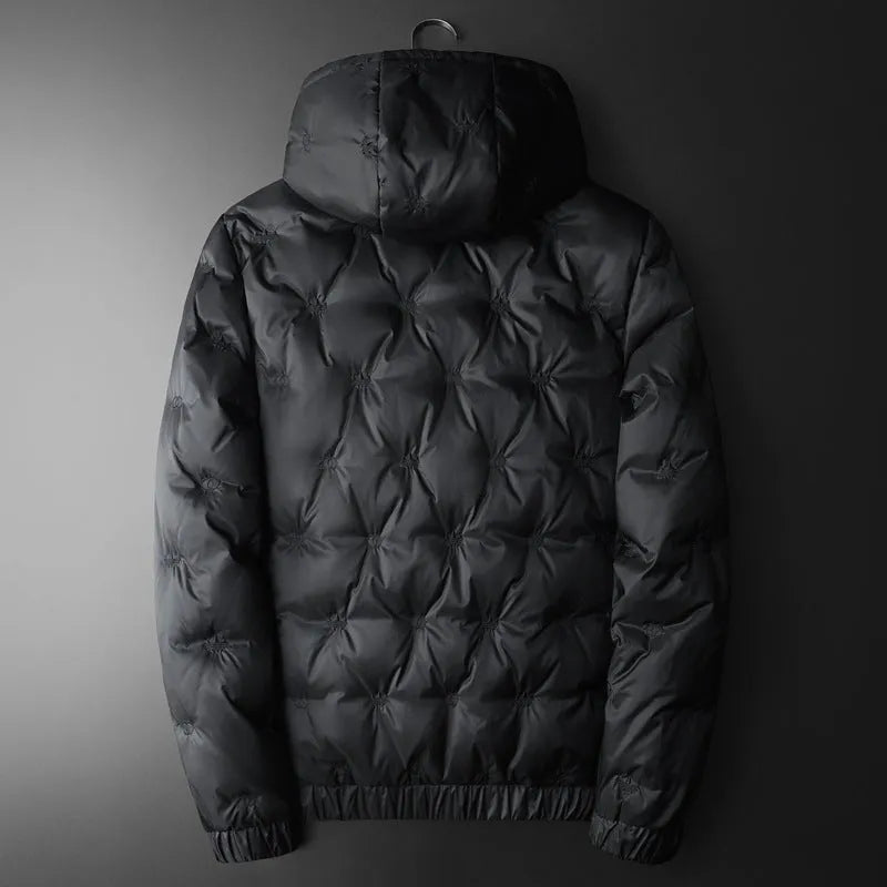 Men's plus size hooded down jacket in black with embroidered detail, winter casual Korean style coat for larger builds