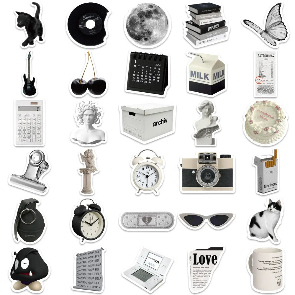 61 black and white waterproof PVC stickers for laptops, phones, and luggage decor.