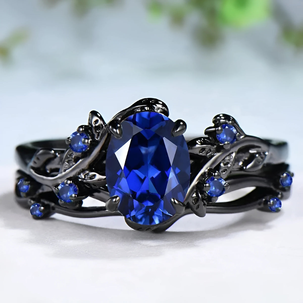 Gun black copper women ring with navy blue rhinestone inlay geometric shape