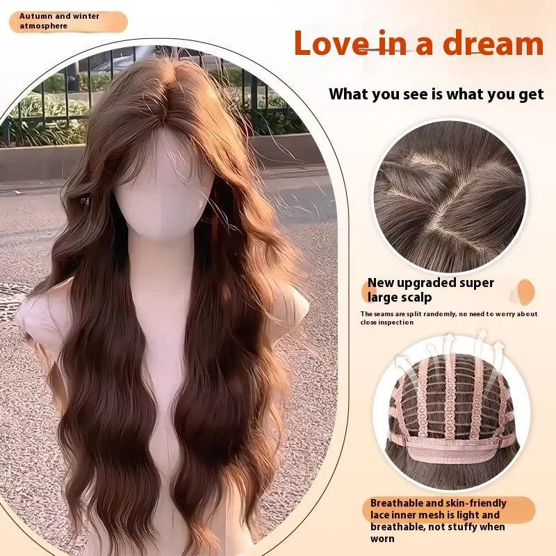 Full-head synthetic wig with long curly hair and side bangs in brown black colour.