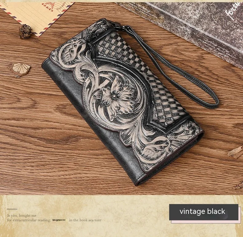 Chinese style brown embossed floral tri-fold women's wallet made from first layer cowhide, shown open and closed.