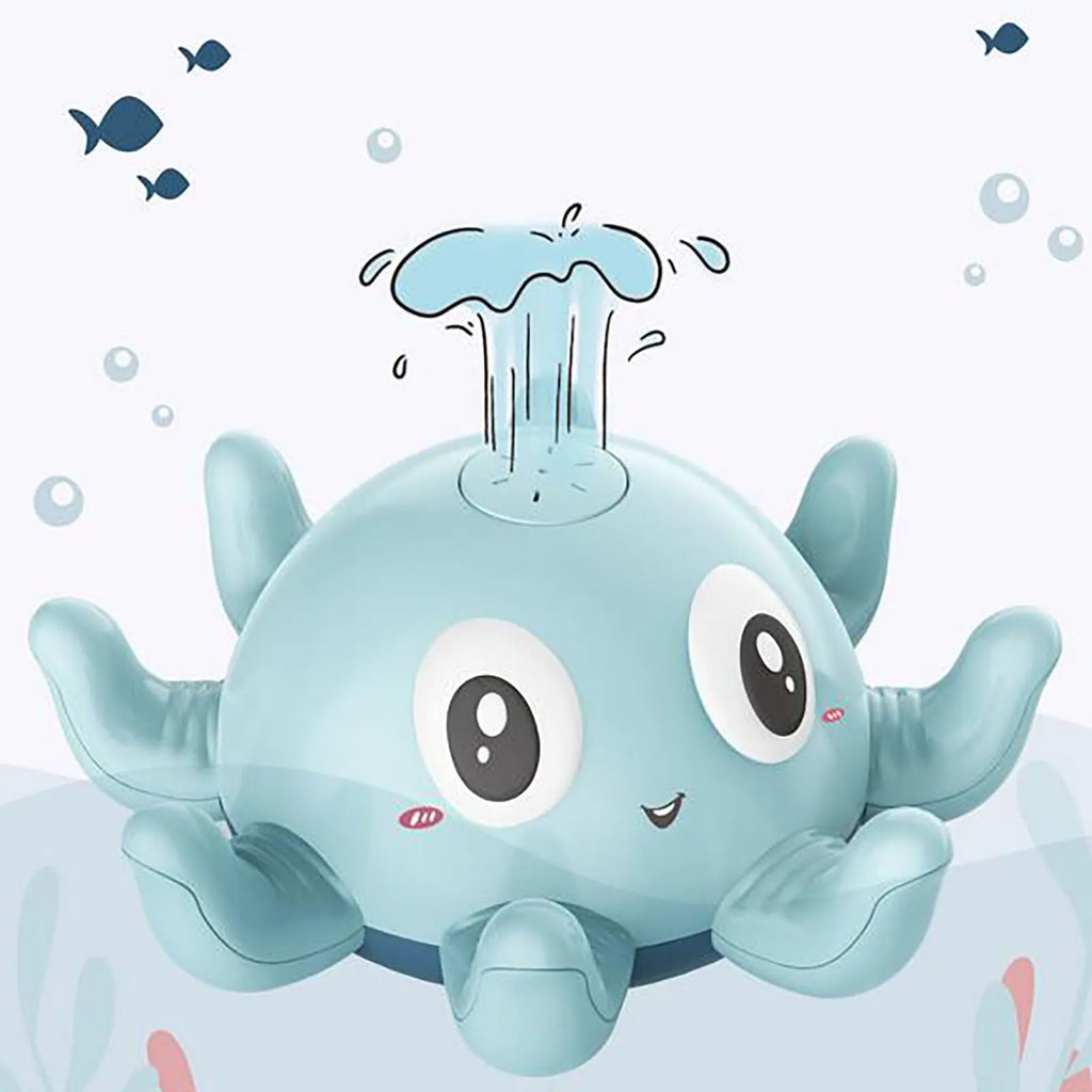 Blue and pink automatic spray octopus bath toy with flashing lights next to its colour box packaging.