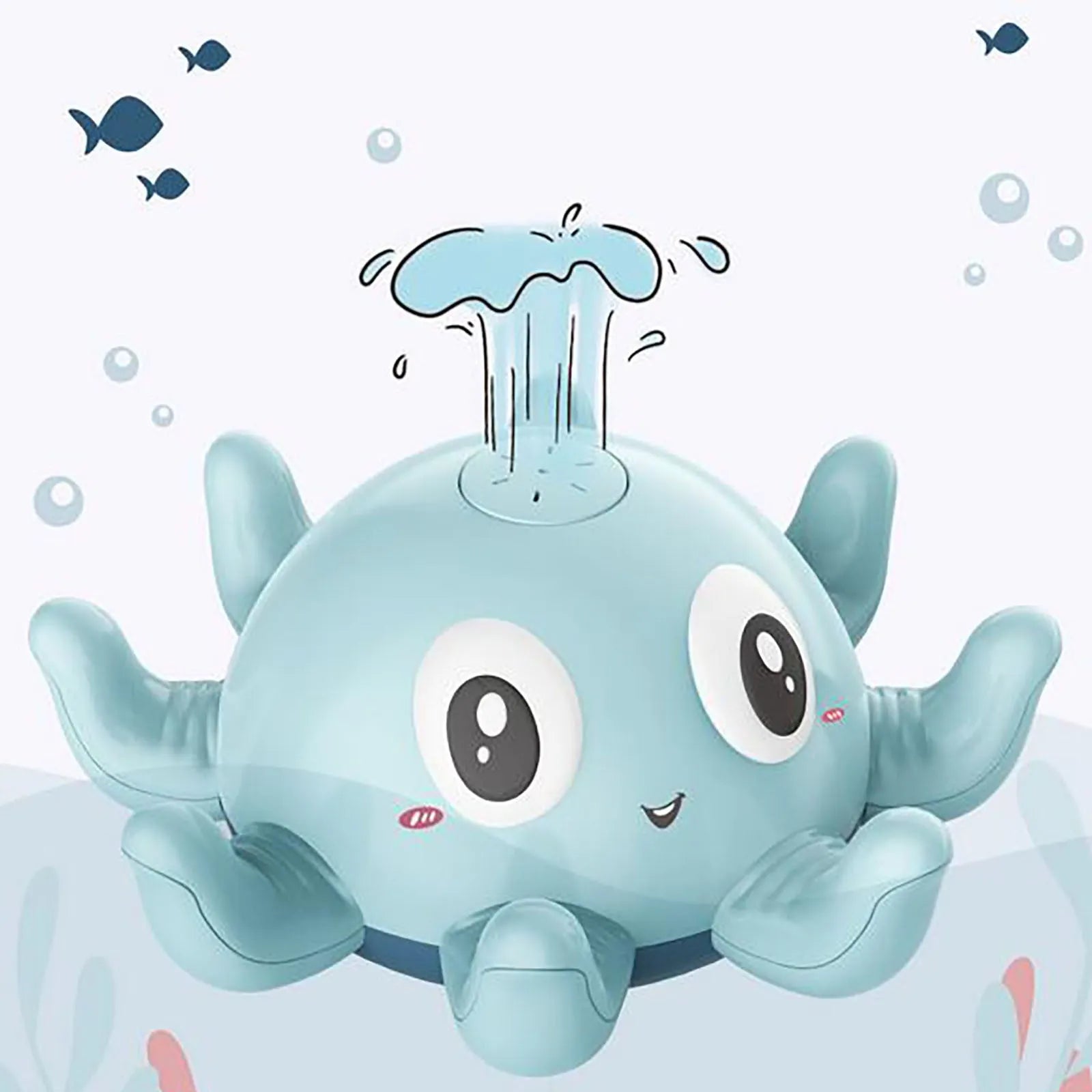 Blue and pink automatic spray octopus bath toy with flashing lights next to its colour box packaging.