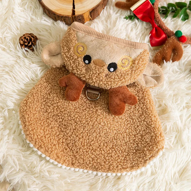Green granular velvet Christmas pet cape with Christmas tree hat and D-ring on a cat