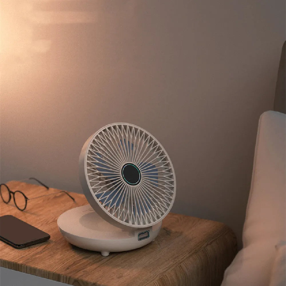Folding wall mounted small fan in white with USB power cord and nail-free hook, ABS construction, brushless motor