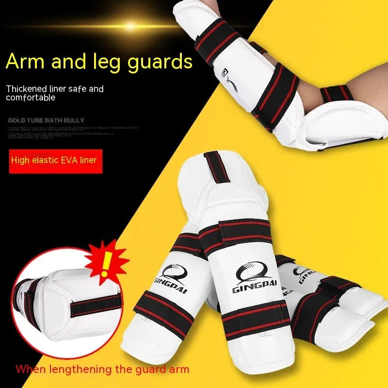 Taekwondo protective gear set showing arm guards, elbow protectors and legguards in PU EVA foam construction