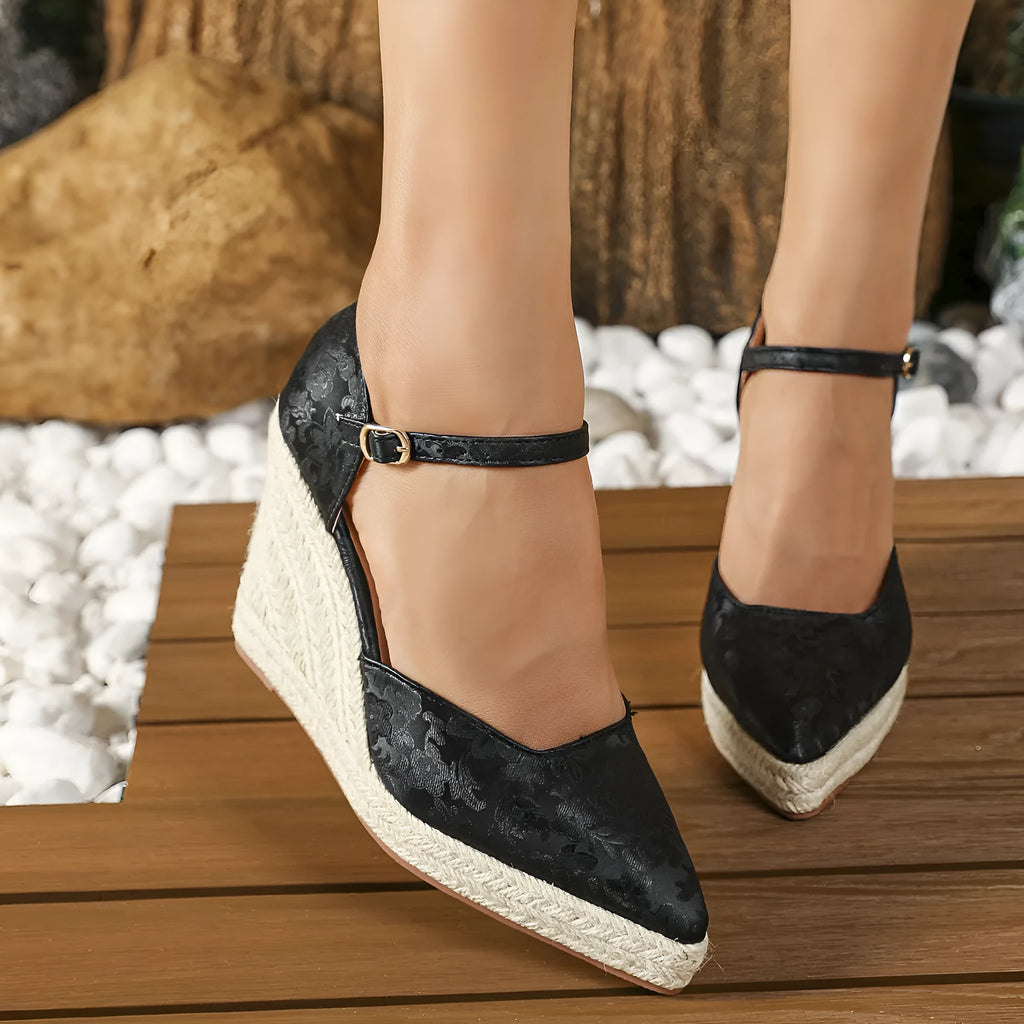 Women's wedge platform high heel pumps with straw woven hemp rope bottom in black