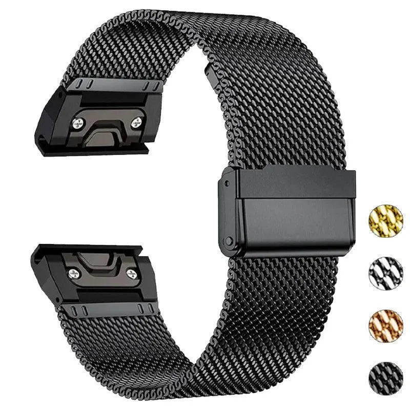Stainless steel metal replacement strap for Garmin Fenix smartwatch in silver, black, gold, and rose gold.