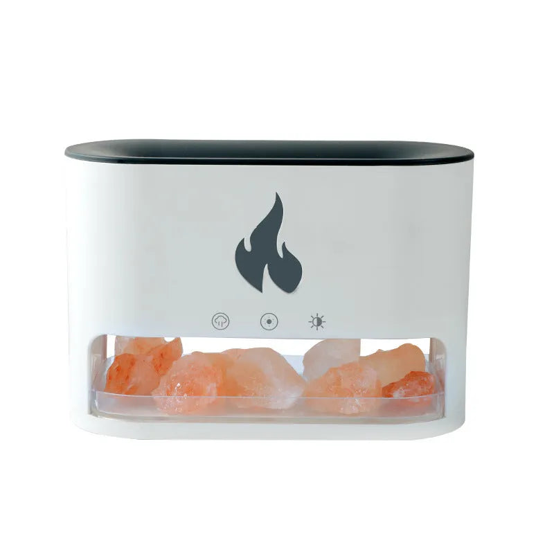 Square white flame effect humidifier with crystal salt stone and USB connection on wooden desk