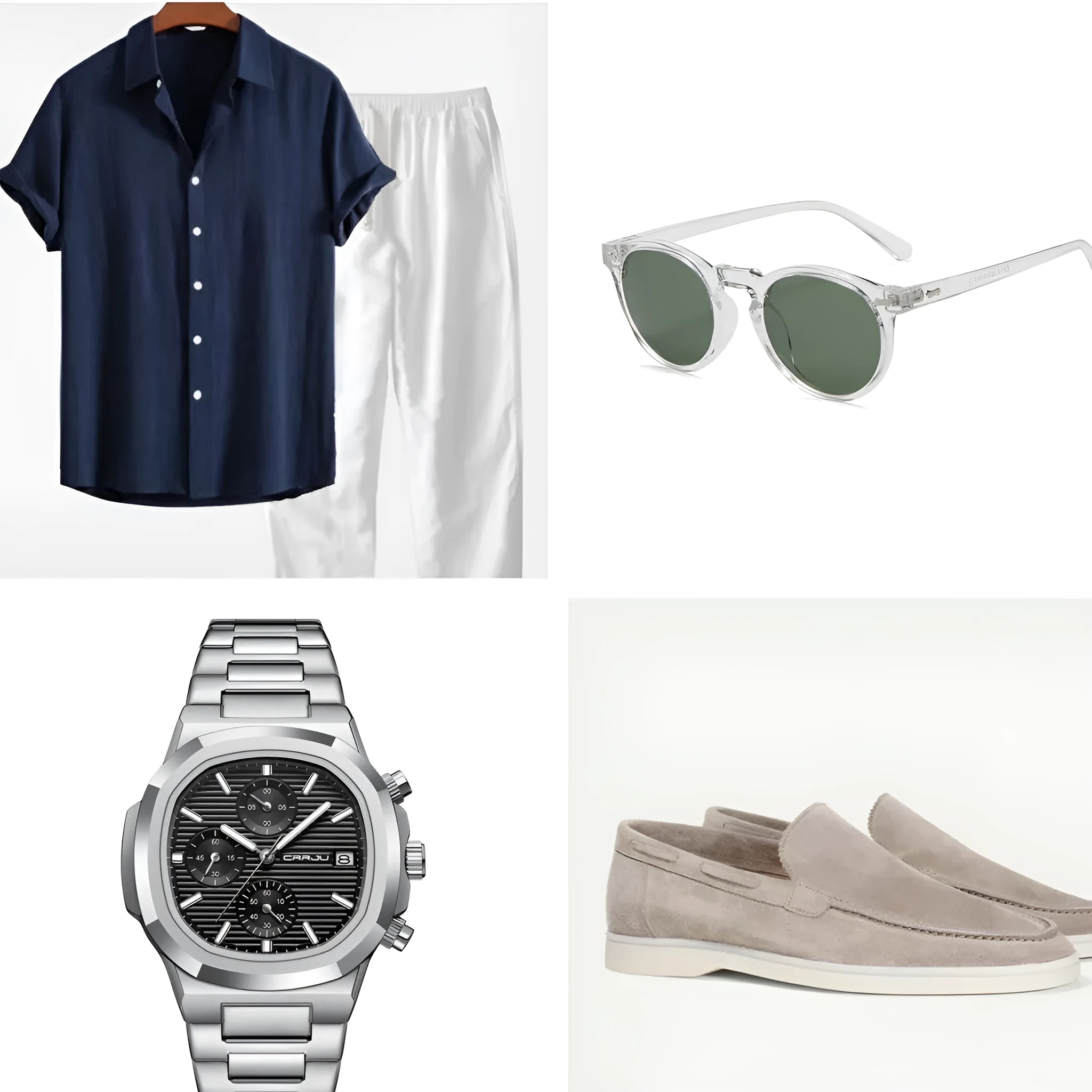 A navy blue casual short sleeve suit with trousers, shown with glasses, shoes, and a watch on a mannequin.