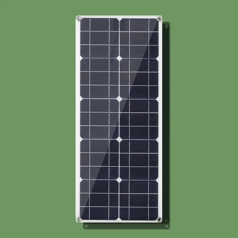 30W semi-flexible solar panel showing its surface and dual output ports for USB and 18V charging.