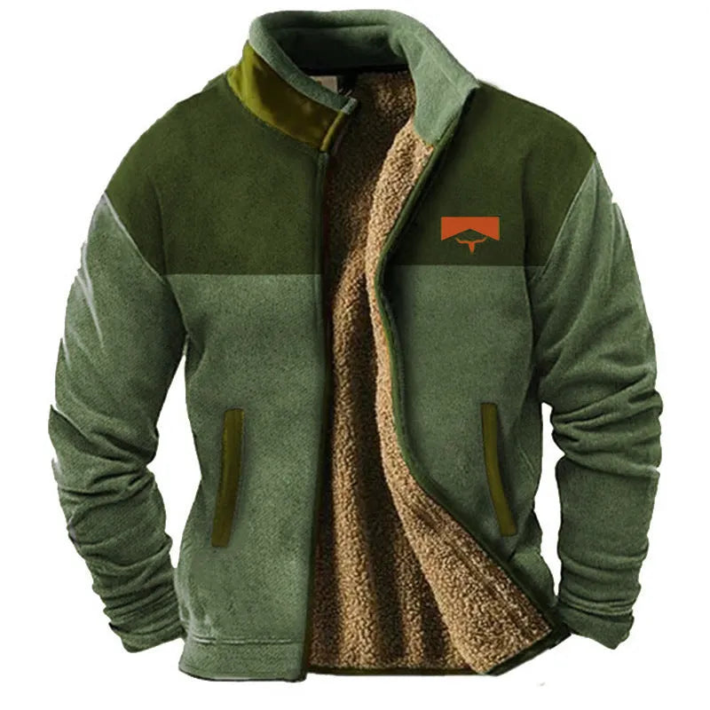 Men's green polyester fleece padded coat on a hanger, showing regular fit and quilted padding.
