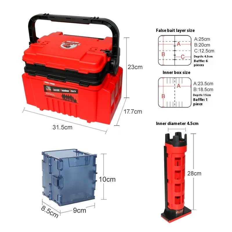 Portable double-layer ABS bait box with seat lid in blue, showing storage compartments