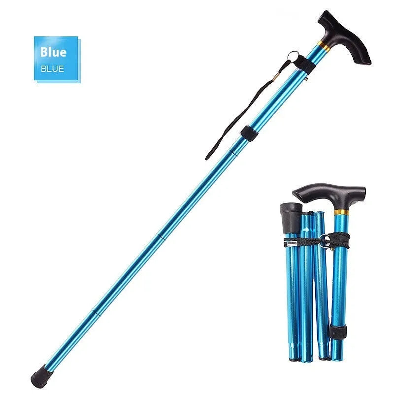 Aluminium alloy folding walking stick adjusted to mid-height, showing non-slip handle.
