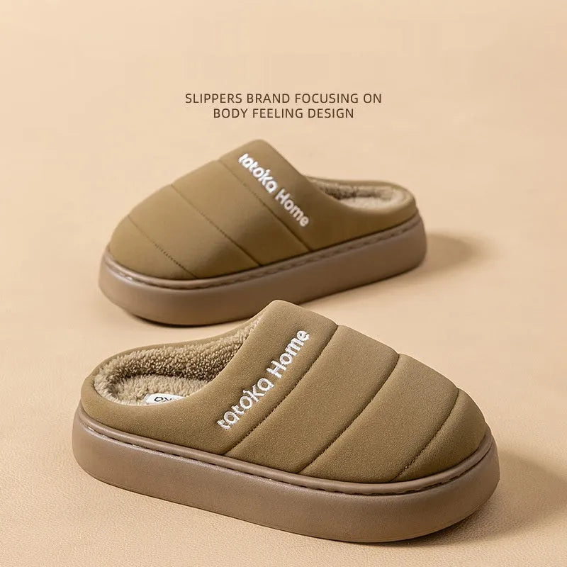 Waterproof plush cotton slippers with non-slip EVA sole and artificial wool lining, unisex adults
